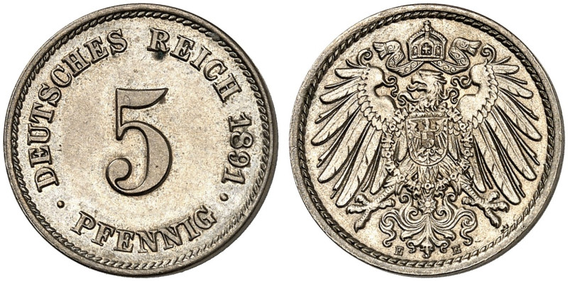 KLEINMÜNZEN. J. 12, EPA 18&nbsp;&nbsp; 
 5 Pfennig 1891 E.
in dieser Erhaltung...