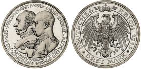 MECKLENBURG - SCHWERIN. Friedrich Franz IV., 1897-1918. J. 88, EPA 3/16&nbsp;&nbsp; 
 3 Mark 1915, zur Jahrhundertfeier des Herzogtums.
winz. Haarli...