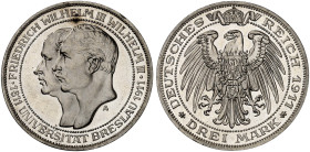 PREUSSEN. Wilhelm II., 1888-1918. J. 108, EPA 3/20&nbsp;&nbsp; 
 3 Mark 1911, Universität Breslau.
f. St aus PP