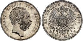 SACHSEN. Albert, 1873-1902. J. 125, EPA 5/42&nbsp;&nbsp; 
 5 Mark 1901.
Prachtexemplar !
PCGS MS 66, schöne Patina, St