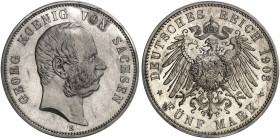 SACHSEN. Georg, 1902-1904. J. 130, EPA 5/44&nbsp;&nbsp; 
 5 Mark 1903.
in dieser Erhaltung sehr selten !
PCGS MS 65, EA