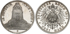 SACHSEN. Friedrich August III., 1904-1918. J. 140, EPA 3/27&nbsp;&nbsp; 
 3 Mark 1913, Völkerschlachtdenkmal.
kl. Kr., PP