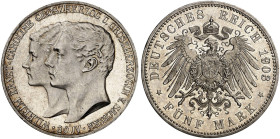 SACHSEN - WEIMAR - EISENACH. Wilhelm Ernst, 1901-1918. J. 159, EPA 5/55&nbsp;&nbsp; 
 5 Mark 1903, zur Hochzeit mit Caroline.
kl. Kr., vz - St