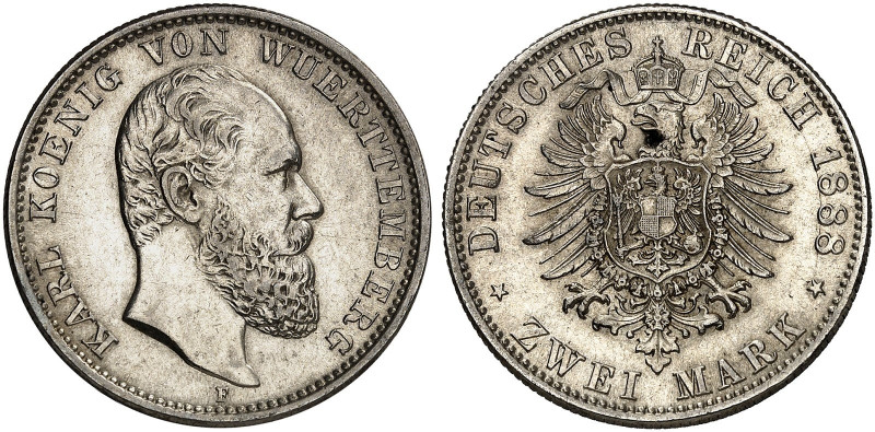 WÜRTTEMBERG. Karl, 1864-1891. J. 172, EPA 2/73&nbsp;&nbsp; 
 2 Mark 1888.
vz -...