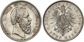 WÜRTTEMBERG. Karl, 1864-1891. J. 173, EPA 5/59&nbsp;&nbsp; 
 5 Mark 1875.
kl. Kr., f. vz / vz+