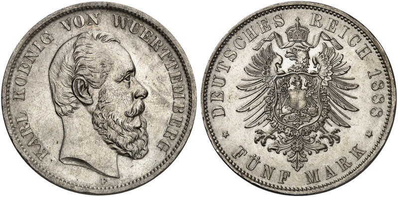 WÜRTTEMBERG. Karl, 1864-1891. J. 173, EPA 5/59&nbsp;&nbsp; 
 5 Mark 1888.
vz