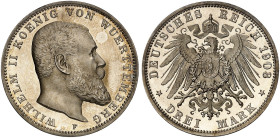 WÜRTTEMBERG. Wilhelm II., 1891-1918. J. 175, EPA 3/35&nbsp;&nbsp; 
 3 Mark 1908.
winz. Kr., PP