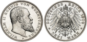 WÜRTTEMBERG. Wilhelm II., 1891-1918. J. 175, EPA 3/35&nbsp;&nbsp; 
 3 Mark 1909.
winz. Haarlinien, PP