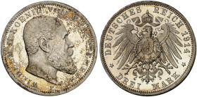 WÜRTTEMBERG. Wilhelm II., 1891-1918. J. 175, EPA 3/35&nbsp;&nbsp; 
 3 Mark 1914.
schöne Patina, PP