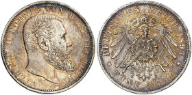 WÜRTTEMBERG. Wilhelm II., 1891-1918. J. 176, EPA 5/60&nbsp;&nbsp; 
 5 Mark 1893.
schöne Patina, winz. Rdf. u. Kr., vz - St