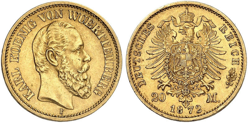 WÜRTTEMBERG. Karl, 1864-1891. J. 290, EPA 20/62&nbsp;&nbsp; 
 20 Mark 1872.
f....