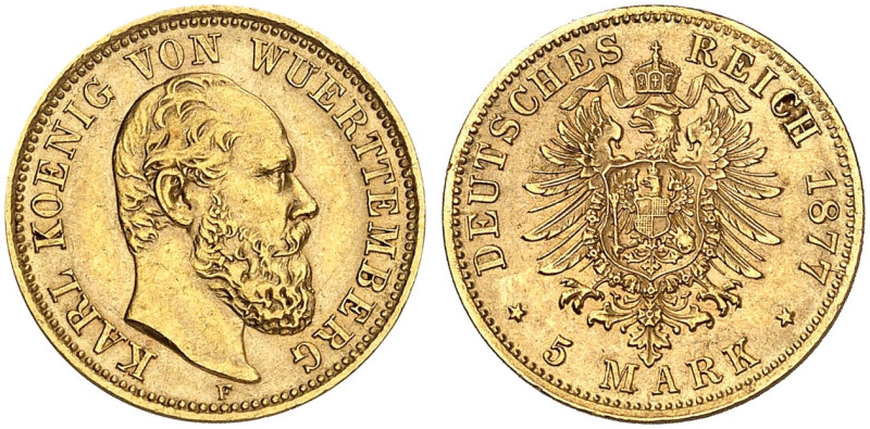 WÜRTTEMBERG. Karl, 1864-1891. J. 291, EPA 5/86&nbsp;&nbsp; 
 5 Mark 1877.
vz