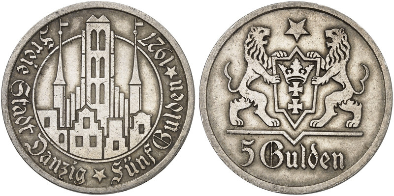 FREIE STADT DANZIG. J. D 9, EPA D 15&nbsp;&nbsp; 
 5 Gulden 1927, Marienkirche....