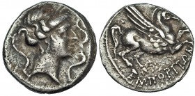 EMPORION, La Escala (Gerona). Dracma (principios del siglo II a.C.). A/ Cabeza femenina pequeña a der. rodeada por tres delfines esquemáticos. R/ Pega...