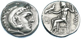 MACEDONIA. Alejandro III. Lampsacus (328-323 a.C.). Dracma. R/ Monograma en el campo y bajo el trono. AR 4,59 g. PRC-1412. MBC.