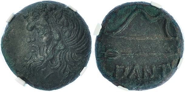 BÓSFORO. Pantikapoion. AE-24. (S. IV a.C.). A/ Cabeza de Pan con corona de hiedr...