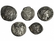 Lote de 5 denarios diferentes. Anónimo, Antestia, Pinaria, Plutia y Pompeia. Calidad media MBC-.