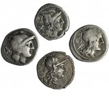 Lote de 4 denarios diferentes. Anónimo, Atilia, Pinaria y Servilia. De BC a MBC-.