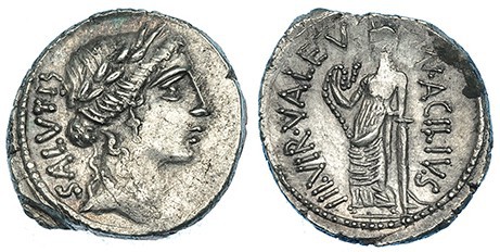ACILIA. Denario. Roma (55 a.C.). A/ SALVTIS de abajo a arriba. R/ MN. ACILIVS II...
