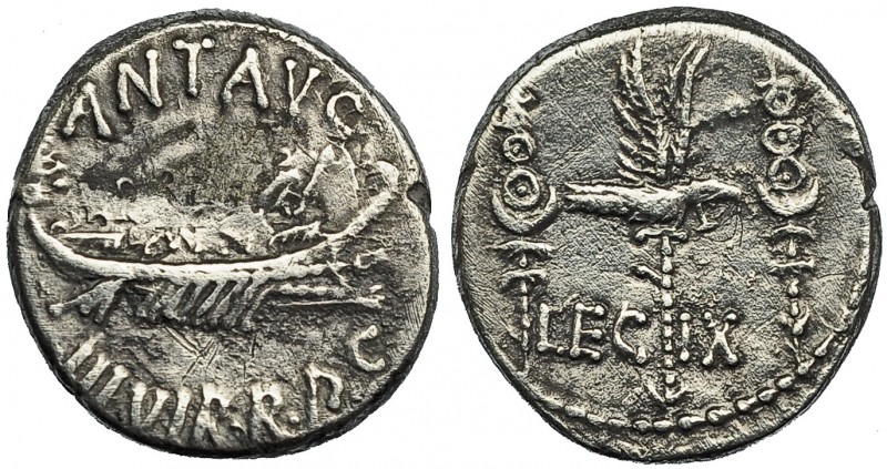 MARCO ANTONIO. Denario. Ceca volante (32-31 a.C.). A/ Galera pretoriana a der. R...