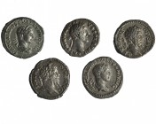 Lote de 5 denarios diferentes. Antonino Pío, Septimio Severo (2) y Alejandro Severo (2). MBC-/MBC.