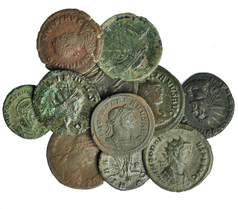 Lote de 11 bronces. 2 denarios, 5 antoninianosy 4 AE bajo imperiales. De BC a MB...