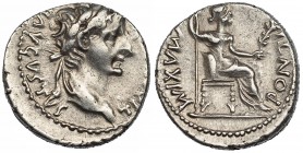 TIBERIO. Denario. Lugdunum (36-37 d.C.). A/ Busto laureado a der. R/ Livia sentada a der. con patas ornamentadas; PONTIF. MAXIM. RIC-30; SB-16. Algo d...