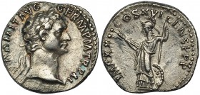 DOMICIANO. Denario. Roma (93-94). R/ Minerva a izq. con lanza y haz de rayos y escudo a sus pies; IMP. XXII COS. XVI CENS. P.P.P. RIC-177 vte. (anv. X...