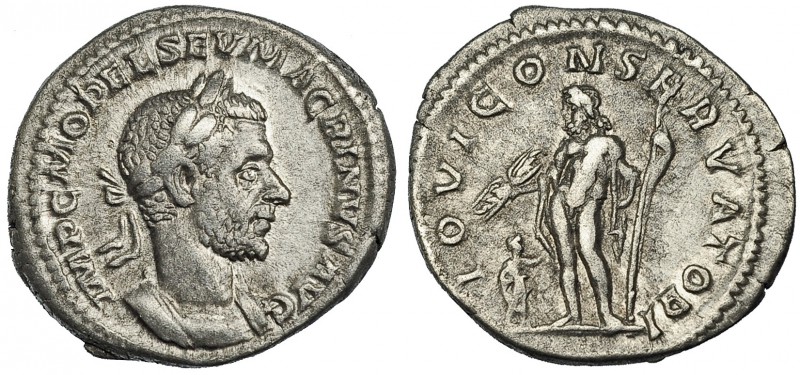 MACRINO. Denario. Roma (217-218). A/ Cabeza laureada y con coraza a der. R/ Júpi...