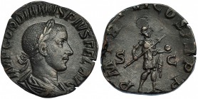 GORDIANO III. Sestercio. Roma (240). R/ El emperador con vestimenta militar sosteniendo lanza y globo; P.M. TR. P. VI COS. III P.P., S.C. RIC-308 vte ...