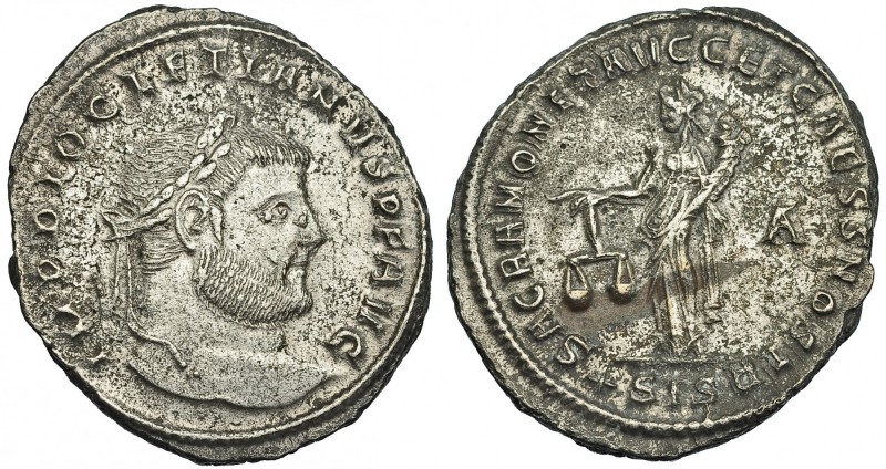 DIOCLECIANO. Follis. Siscia (300). Marcas: A en el campo y *SIS en el exergo. RI...