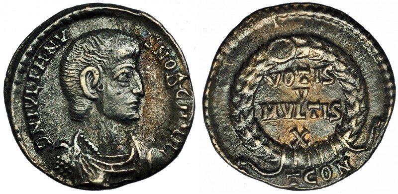 JULIANO II. Silicua. Arelate (355-360). Acuñada como césar. R/ VOTIS V MVLTIS X,...