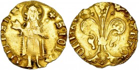PEDRO EL CEREMONIOSO (1336-1387). Florín de Perpiñán. Marca rosa de anillos. IV-384. Acuñación algo floja. MBC.