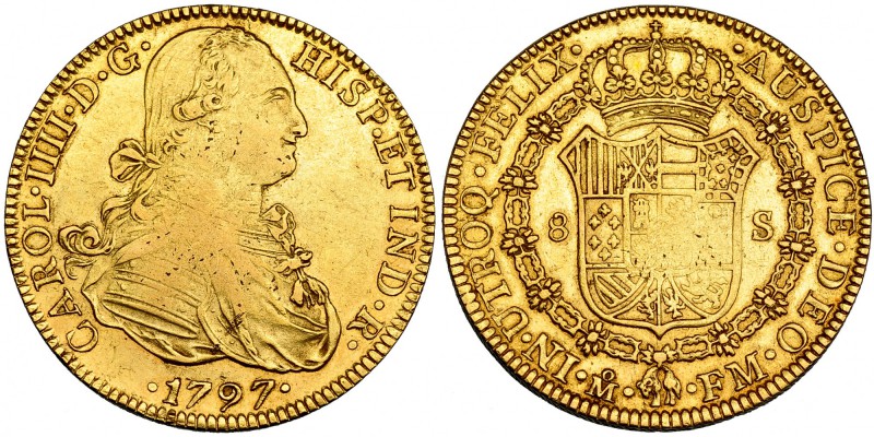 8 escudos. 1797. México. FM. VI-1333. Pequeñas marcas y vano en rev. MBC.