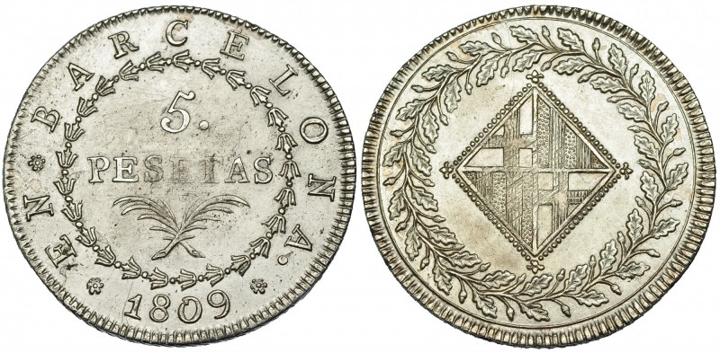 5 pesetas. 1809. Barcelona. VI-34. Rayitas de acuñación. MBC/EBC-.