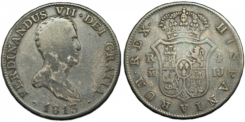 4 reales. 1813. Madrid. IJ. VI-879. Pátina oscura. BC+. Rara.