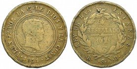 10 reales. 1821. Sevilla. RD. F.E. en cobre. Rayas. BC+.