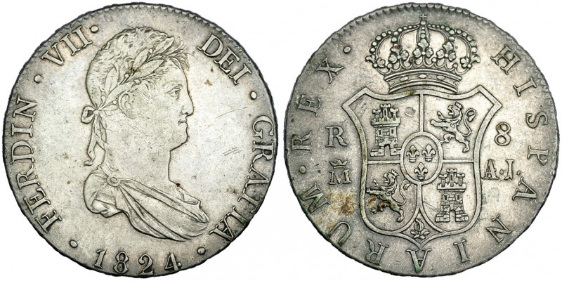 8 reales. 1824. Madrid. AJ. VI-1072. Pequeñas marcas. MBC/MBC+. Rara.