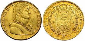 8 escudos. 1811. Santiago. FJ. VI-1536. R.B.O. Hojitas en anv. MBC+.