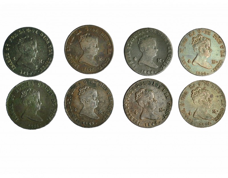 Lote de 8 monedas de 4 maravedís. Segovia. Fechas diferentes: 1836, 1840, 1841, ...