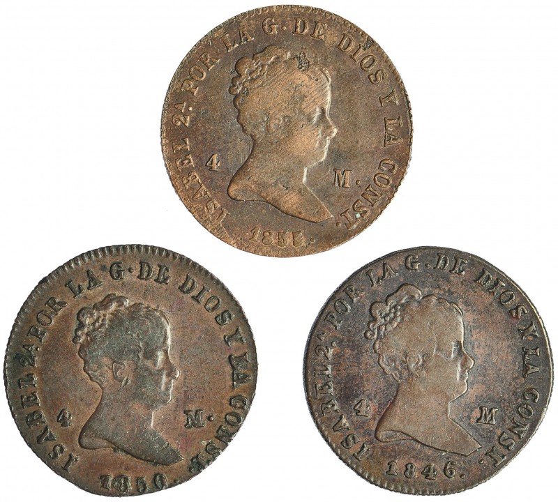 Lote de 3 monedas de 4 maravedís diferentes. Barcelona. 1855; Jubia. 1846 y 1850...