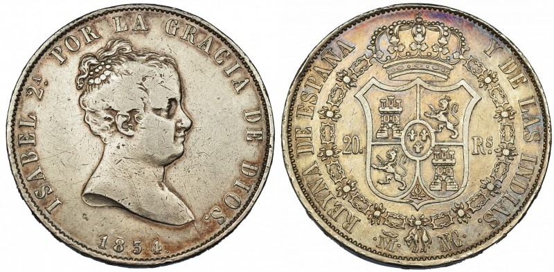 20 reales. 1834. Madrid. NC. VI-494. Pequeñas marcas. MBC-/MBC. Muy escasa.