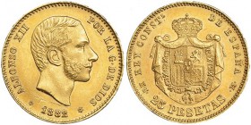 25 pesetas. 1882 *18-82. Madrid. MSM. VII-111. Rayita en el anv. EBC.