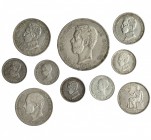Lote de 10 monedas de plata. De 1871 a 1933. 5 pesetas. 1871; 2 pesetas. 1884 y 1905; Peseta. 1903 y 1933; 50 céntimos. 1892 (2) y 1904*1-0 (3). De MB...