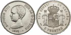 5 pesetas. 1892*18-92. Madrid. PGM. VII-183. Leve vano. Limpiada. EBC.