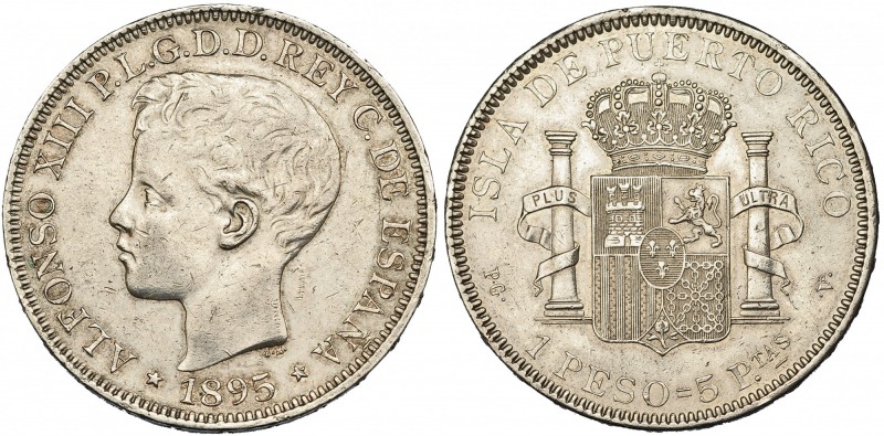 Peso. 1895. Puerto Rico. PGV. VII-193. Pequeñas marcas. MBC+. Escasa.