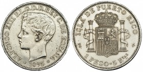 1 peso. 1895. Puerto Rico. PGV. VII-193. Limpiada. MBC+/EBC-.