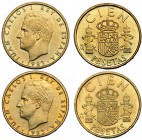 Lote de 2 monedas de 100 pesetas. 1983 con flor de lis arriba y abajo en el canto. SC.