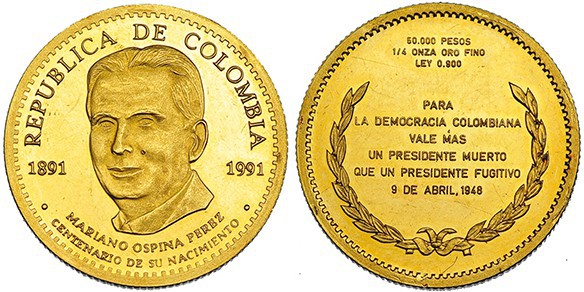 COLOMBIA. 50.000 pesos. 1991. KM-290. Prueba.