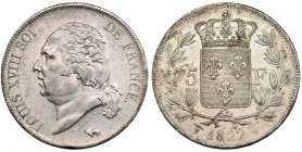 FRANCIA. Luis XVIII. 5 francos. 1822. W. KM-711.13. Golpe en gráfila. R.B.O. EBC.